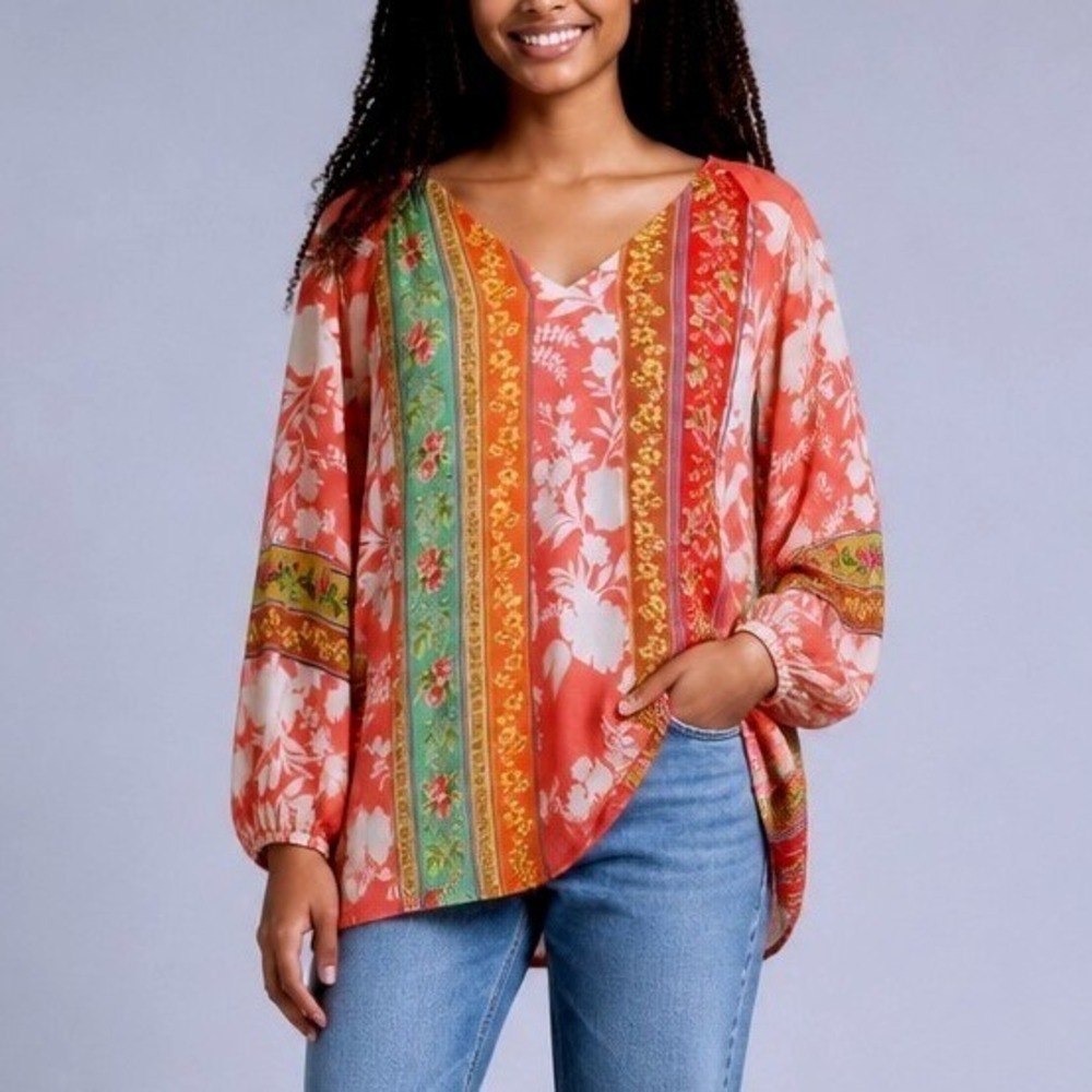 Vineet Bahl Floral Boho Blouse Coral Mixed Print Peasant Top Bohemian Peasant L